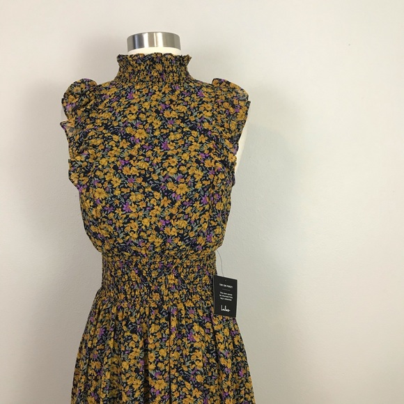 Lulus XS Evalina Midi Dress High Neck Floral Yellow Purple - Picture 11 of 16